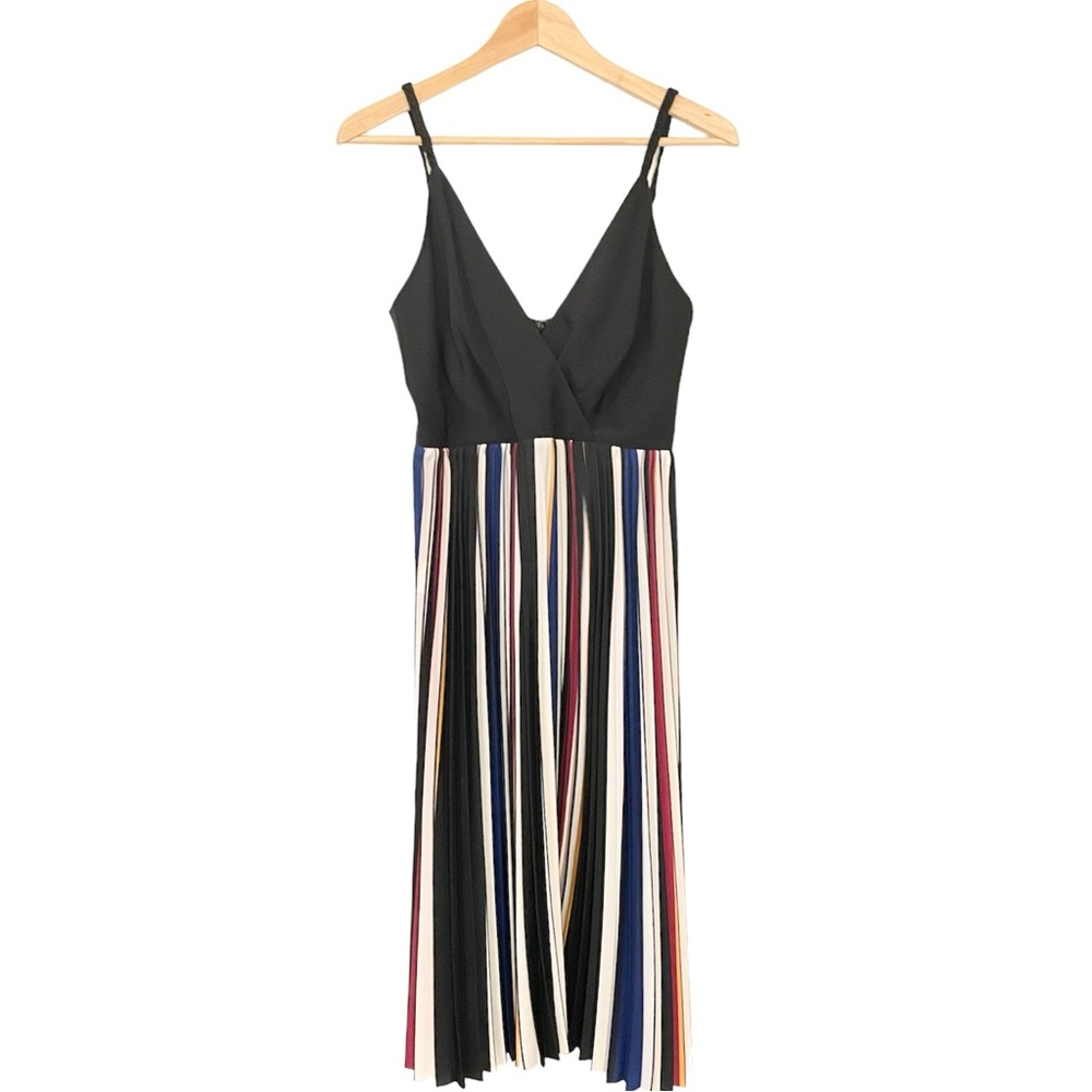 BCBGMaxAzria V-Neck Adjustable Strap Pleated Midi Dress Women Size 6 Black